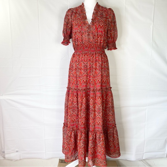 Max Studio Tiered Floral Midi Dress Small Red Tiered Ruffle Paisley Empire S - Picture 2 of 14